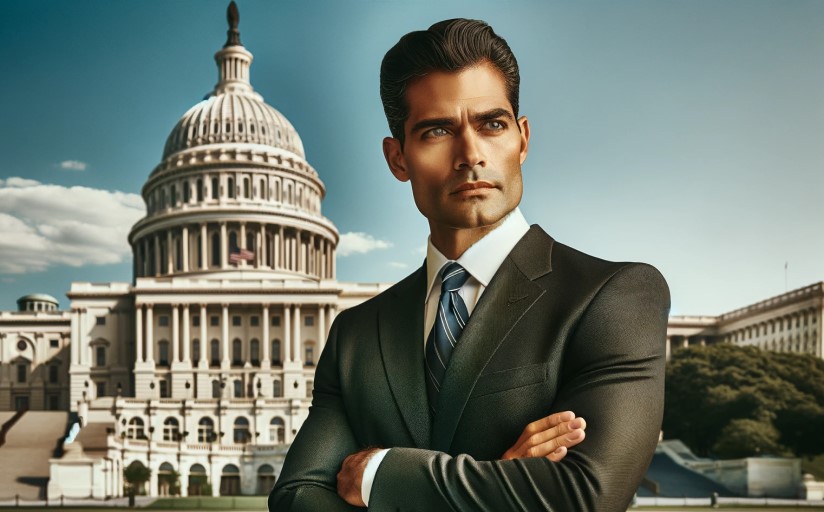 a congressman, depicted in a formal setting in front of the Capitol Building