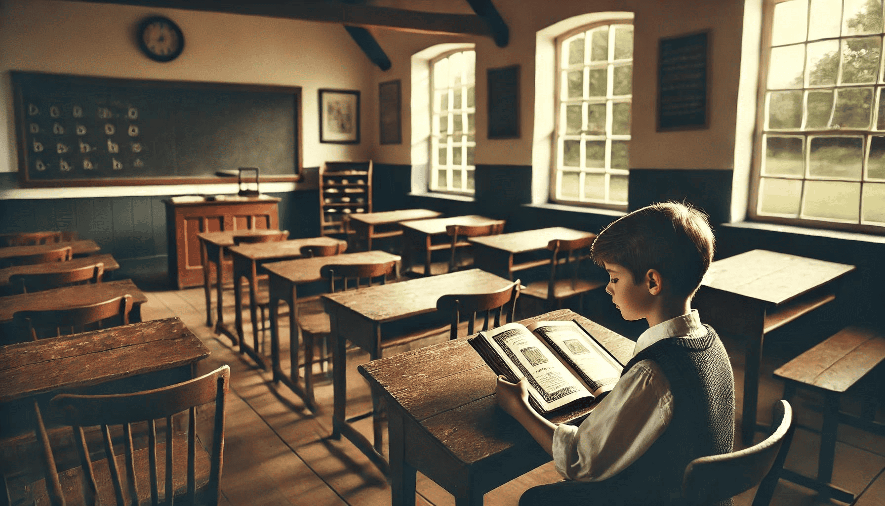 A boy sits alone in the back of a classroom learning about suspensive hyphenation.