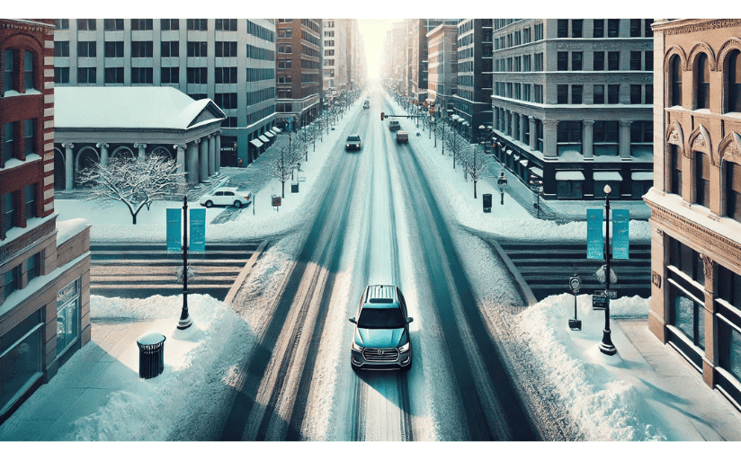 Snowy roads in a small city.