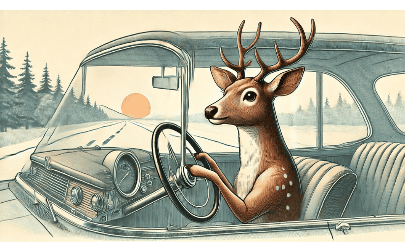 A deer driving in an old car as the sun goes down.