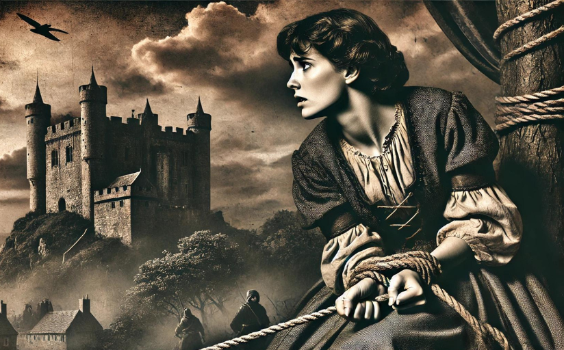 A damsel in distress near a castle with black crows in the distance, depicting several literary tropes.