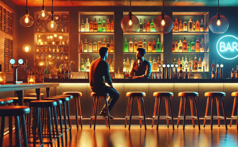 A man sits in a colorful bar, discussing euphemisms with the bartender.