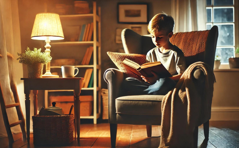 A boy sitting in an armchair recognizes anaphora in a story he is reading.