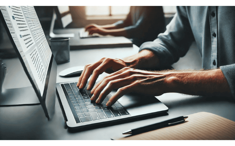 A writer works on a computer.