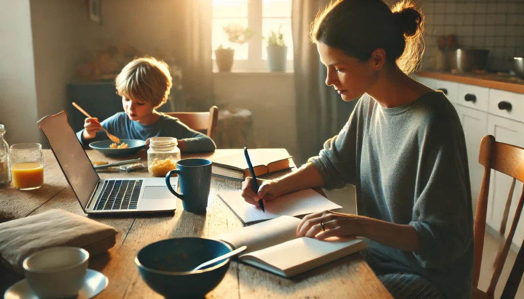 A woman studies subordinating conjunctions while her child eats breakfast.