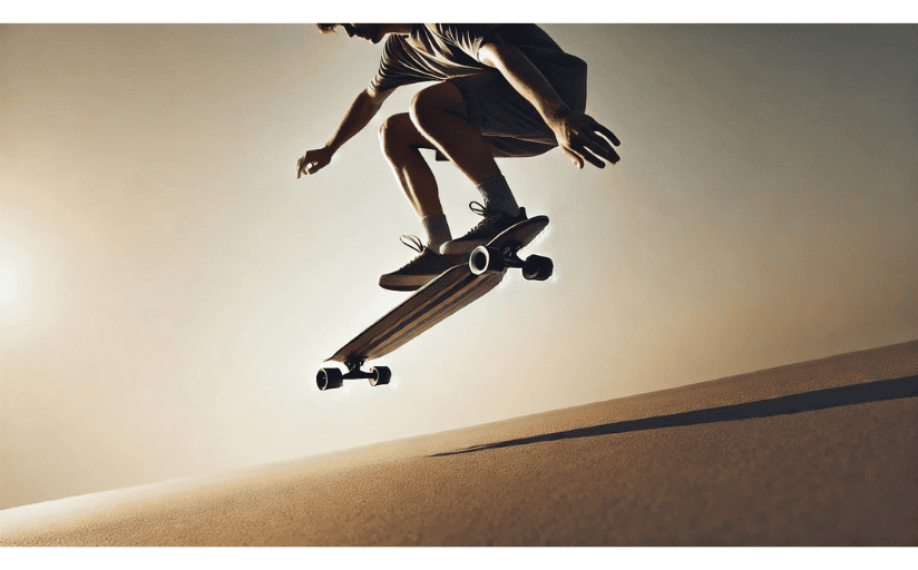 A boy on a skateboard soars through the are after joining two independent clauses in his writing.