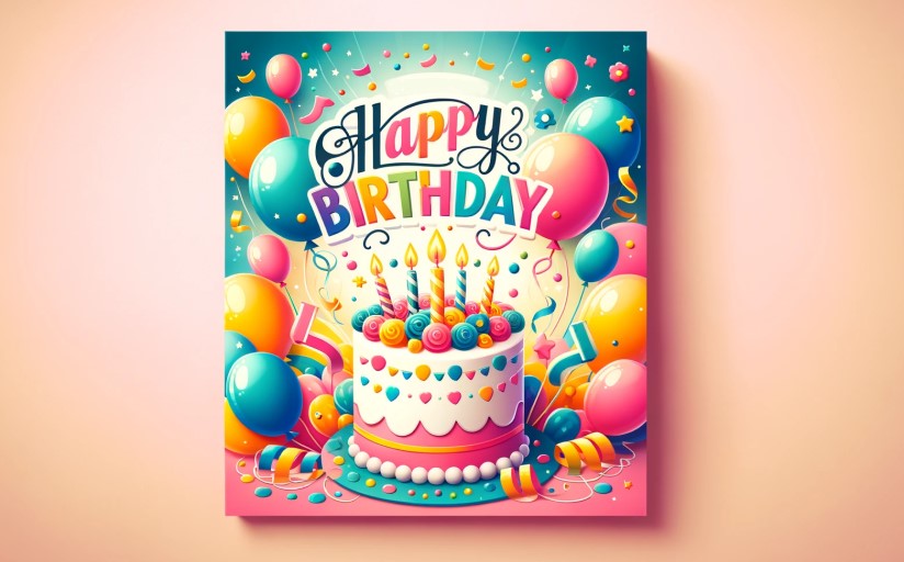 birthday card with a cake, candles, and balloons