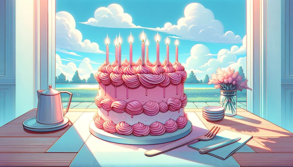 Pink birthday cake in front of an open window