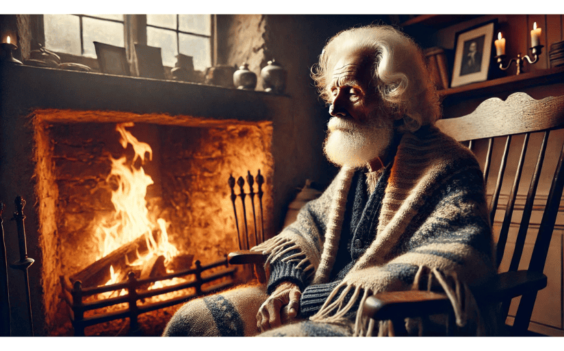 An elderly man sits by a fire, contemplating absolute adjectives.