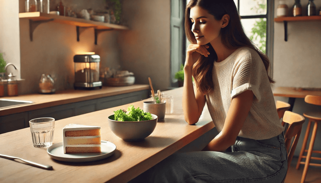 A woman sits thoughtfully in her kitchen, thinking about past modal verbs.