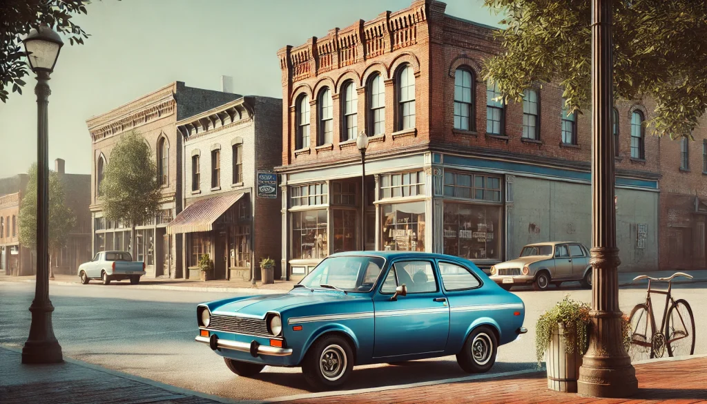 A blue car next to a building is the subject next to a prepositional phrase.