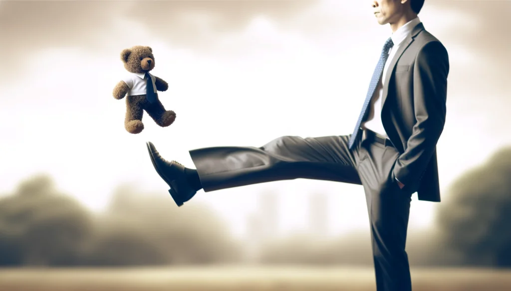 A man in a suit kicks a teddy bear, using prepositional phrases to clarify its position