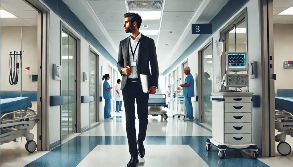 A professional-looking health writer walks down a hallway in a hospital.