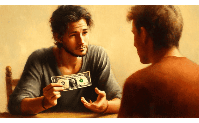 A man hands a dollar to his friend for figuring out his demonstrative pronouns challenge.