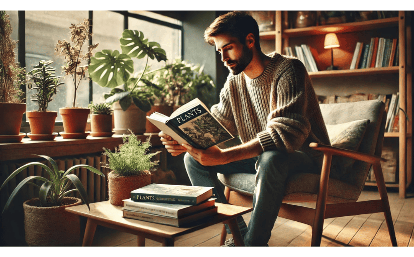 A verbal phrase helps a young man understand more in his book about obscure plants.