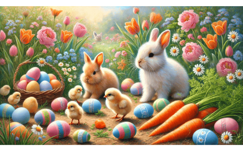 Bunnies, chicks and eggs in a blooming garden are the perfect fodder for easter puns.