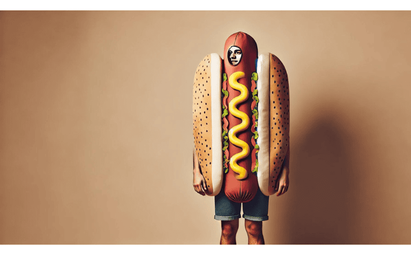 A man in a hot dog suit ponders you're vs your