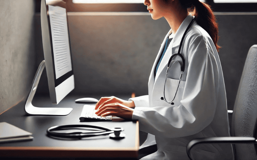 A health writer sits at a computer, typing.