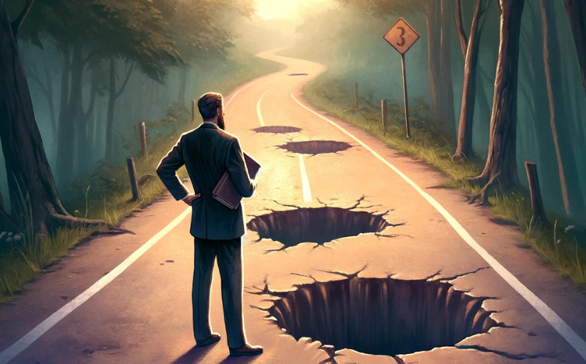 A writer standing in a road, looking at writing pitfalls in the road