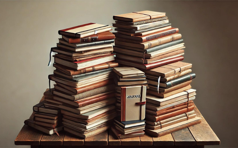 A pile of journals on a desk suggest that a person who wants to grow as a writer should simply keep writing.