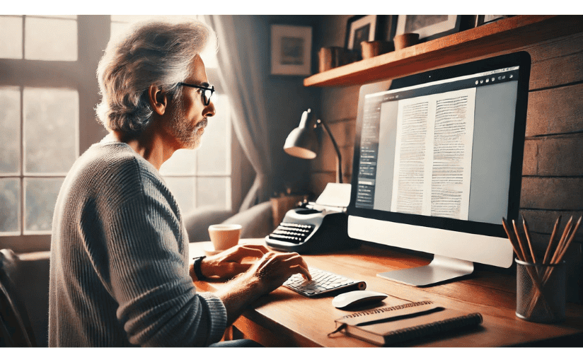 A gray-haired man types an essay about ways to start a paragraph