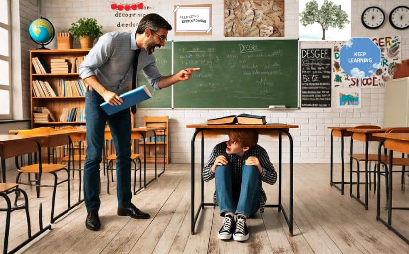 A teacher bellowing while a student hides below a desk