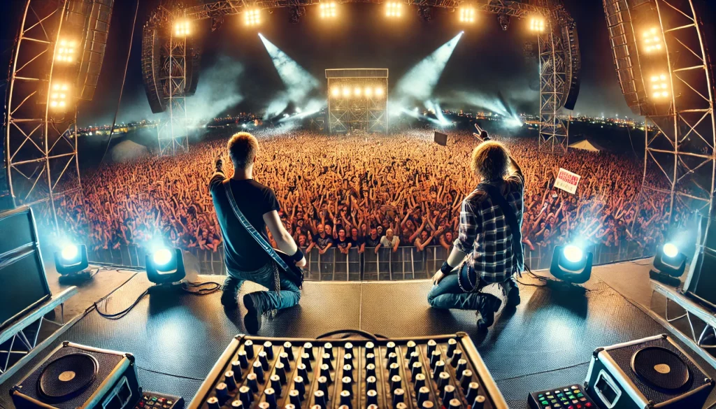 Between vs. among: Two musicians kneel on a stage before a large crowd. Among refers to larger groups or less specific things.