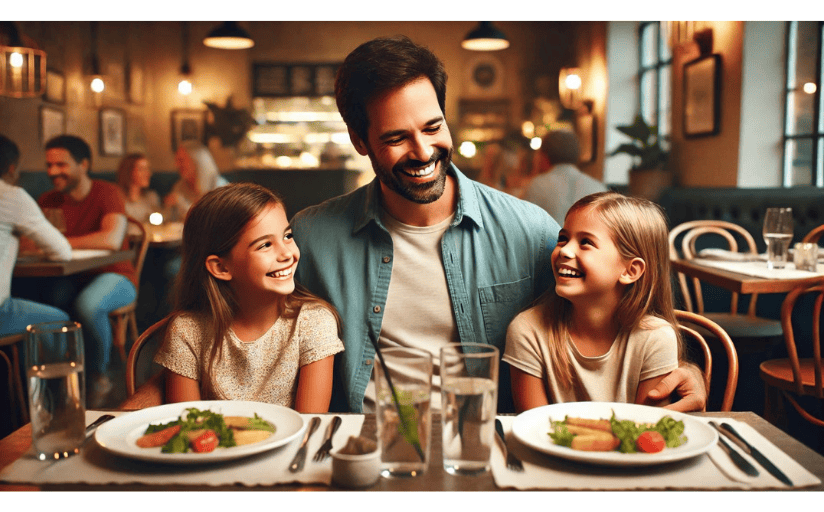 A dad sits with his daughters in a restaurant, laughing about writing pet peeves.