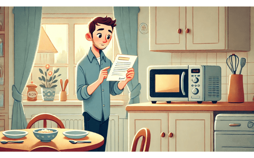 A man stands in his kitchen studying a paper on what sic means