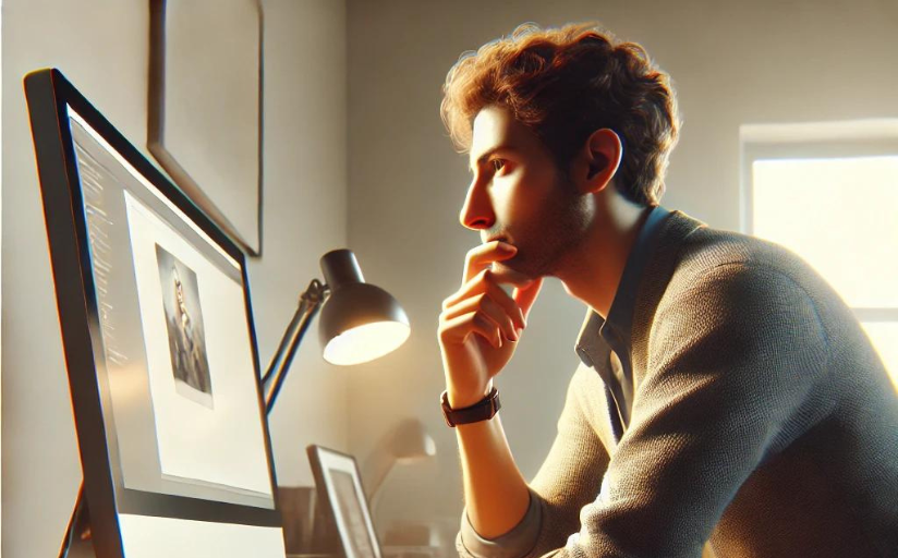 A man sitting at a computer wonders  where to use commas with correlative conjunctions in his content.