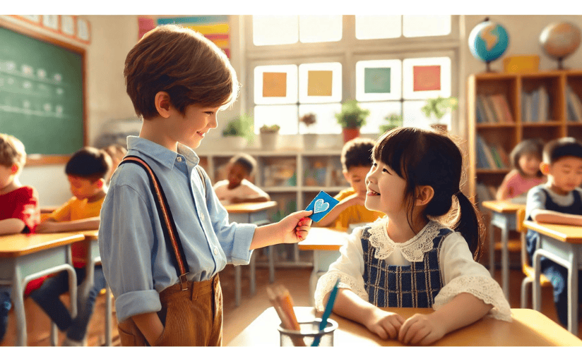 A boy gives a blue sticker to a girl in a classroom