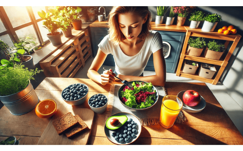 a woman eats healthy food in an attempt to overcome writer's block