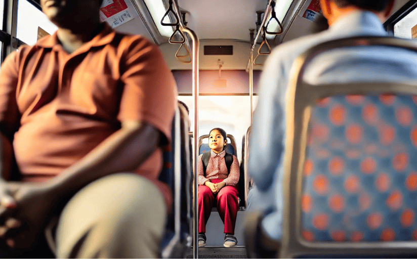 Between vs among: A girl on a bus sits between two seats in the back.