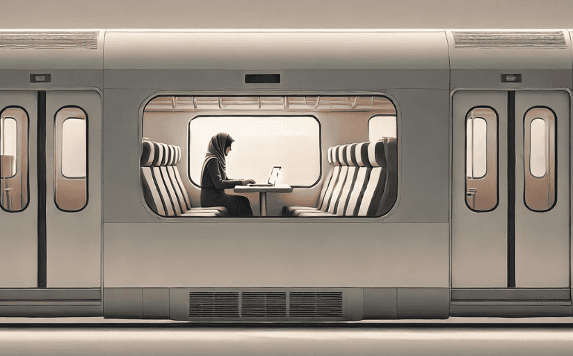 A freelance writer, writing on a train