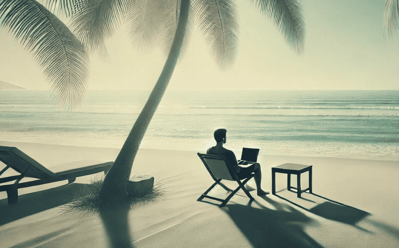 A man with a work from home writing job sits with his computer on a beach