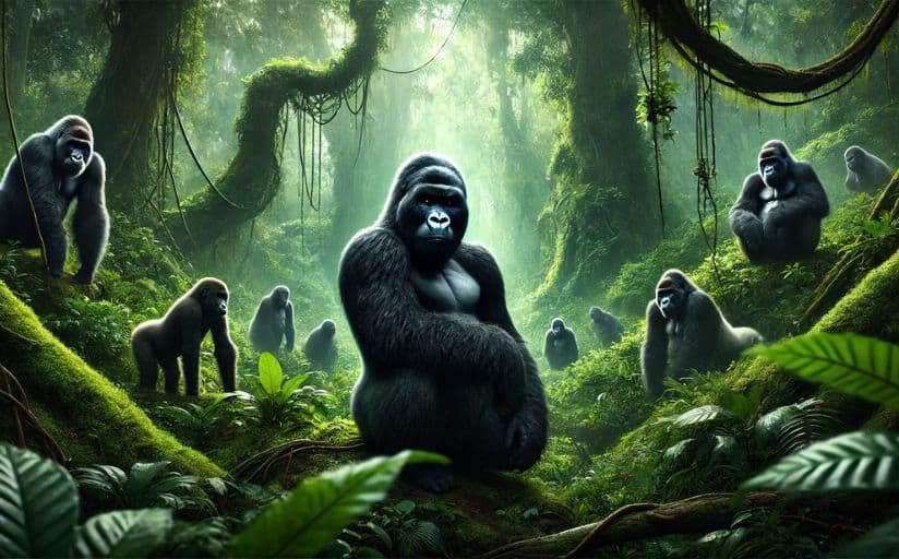 a group of gorillas in the jungle