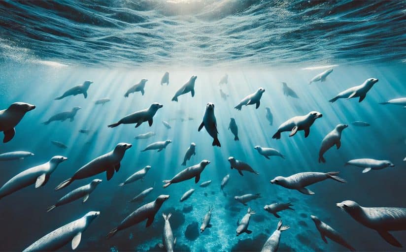 A large herd of seals grouped together under the water