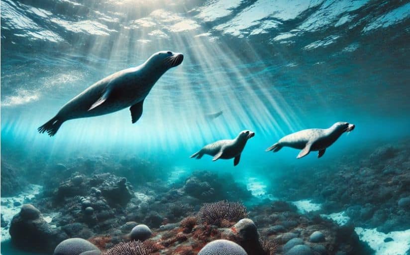 A small group of seals swimming